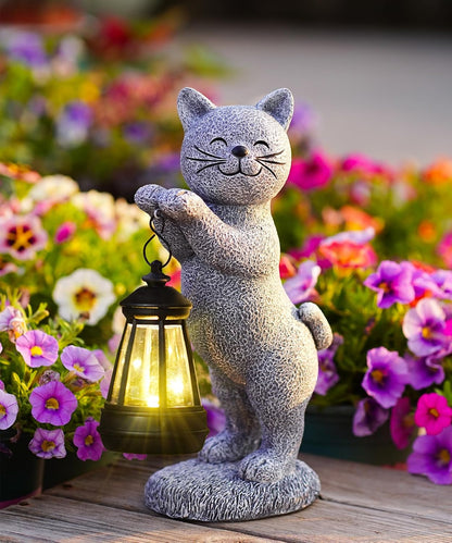 Solar Cat Garden Statues for Outdoor: Outside Sculpture Lantern Decor for Yard Lawn Porch Patio Balcony Decorations Gifts for Grandma Mom Women