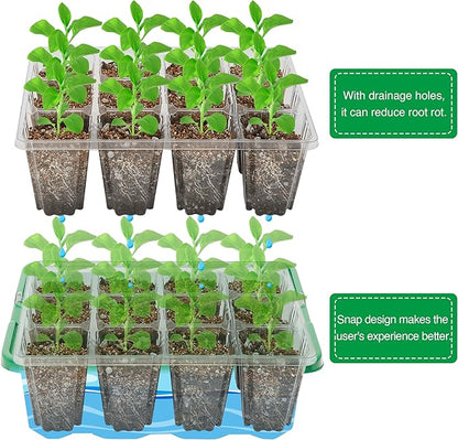 Bonviee 5 Packs Seed Starter Tray with Plant Light, Elevated Seedling Starter Trays Kits with Adjustable Humidity Domes and Clear Cell Tray, 12 Full Spectrum led lamp Beads for Plants Indoor-Green