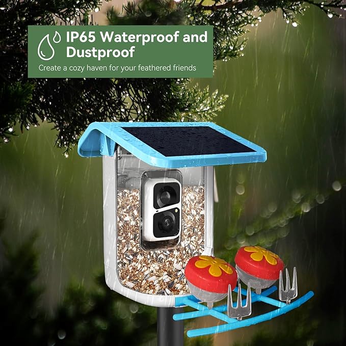 Smart Bird Feeder with Camera, Solar Bird Feeder - 2K HD Live Video Camera AI Identify Birds, Visible Window Auto Capture -Instant Arrival Alerts, Birds Lover Gifts (Blue)