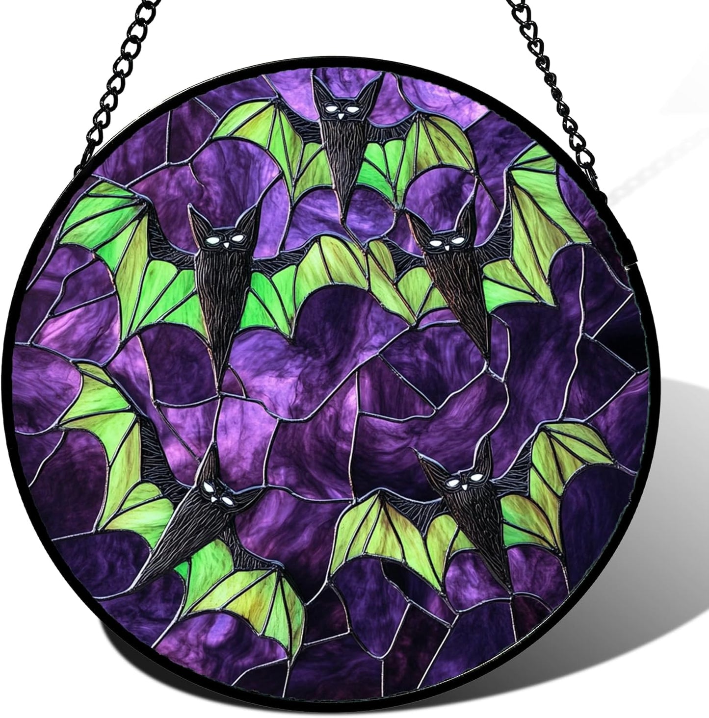 Stained Glass Window Hanging - Halloween Decorations Black Bat with Green Wings Suncatcher for Doors Garden Indoor Spooky Sun Catchers Gothic Decor Horror Gifts for Women Men Friend 11.8 in