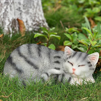 Sleeping Cat Statue Garden Decor, Outdoor Cat Sculpture & Figurine Lawn Ornament, Grey Tabby Statue for Patio, Lawn, Yard Decorative, Cute Kitten Memorial Grave Accessory