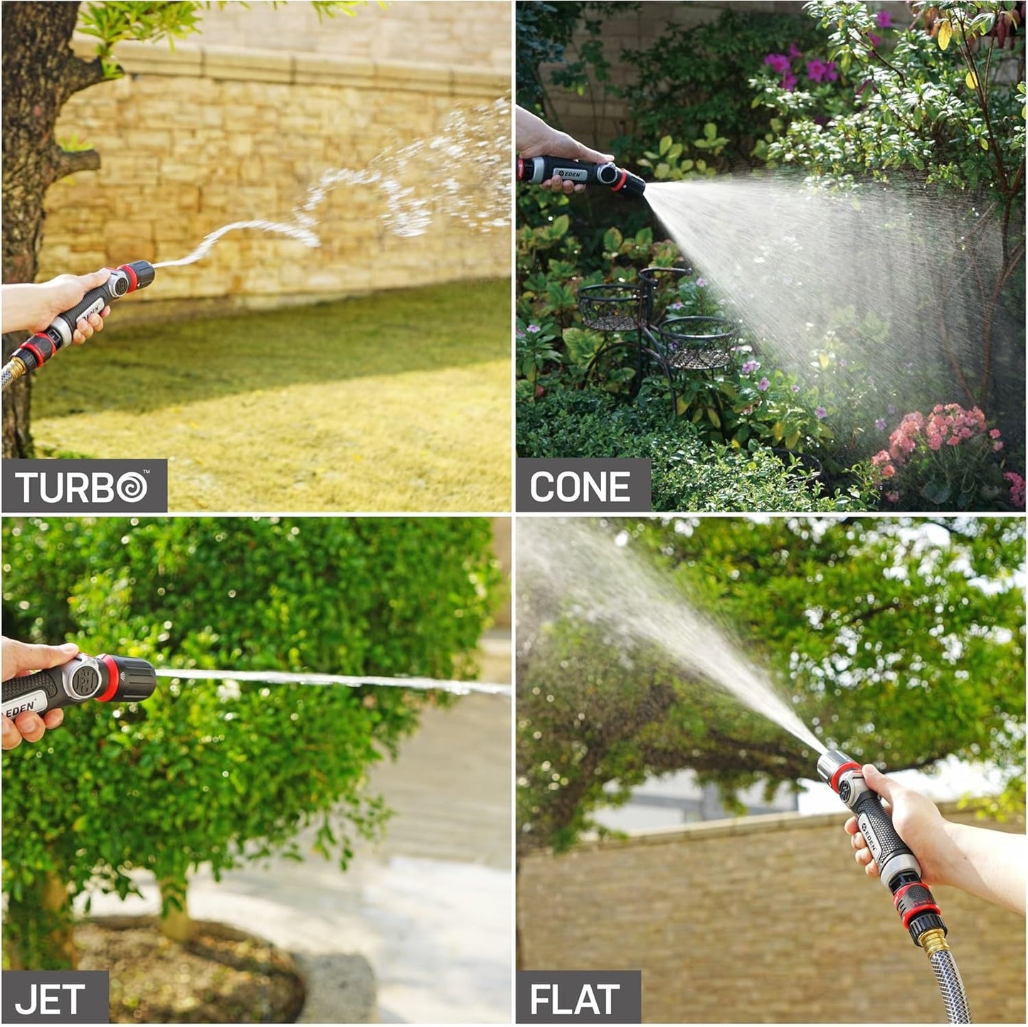 Eden 96845 Pro Metal Thumb-Control Straight 4-Pattern Turbo Nozzle W/Quick Connector Starter Set, High Pressure Garden Sprayer for Hose