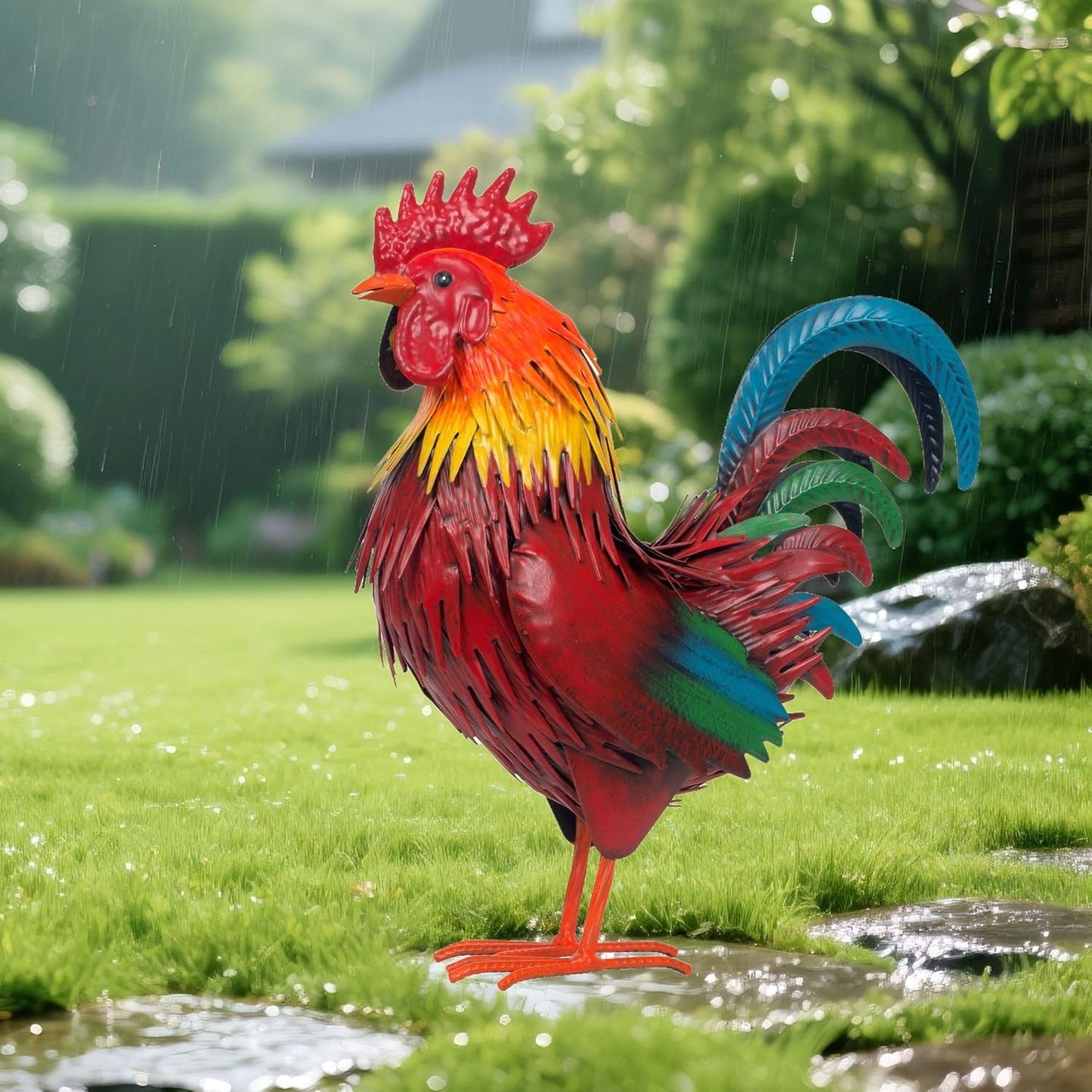 Rooster Garden Statue Sculpture Metal Chicken Yard Decor Outdoor Figurines Patio Backyard Decoration (red)