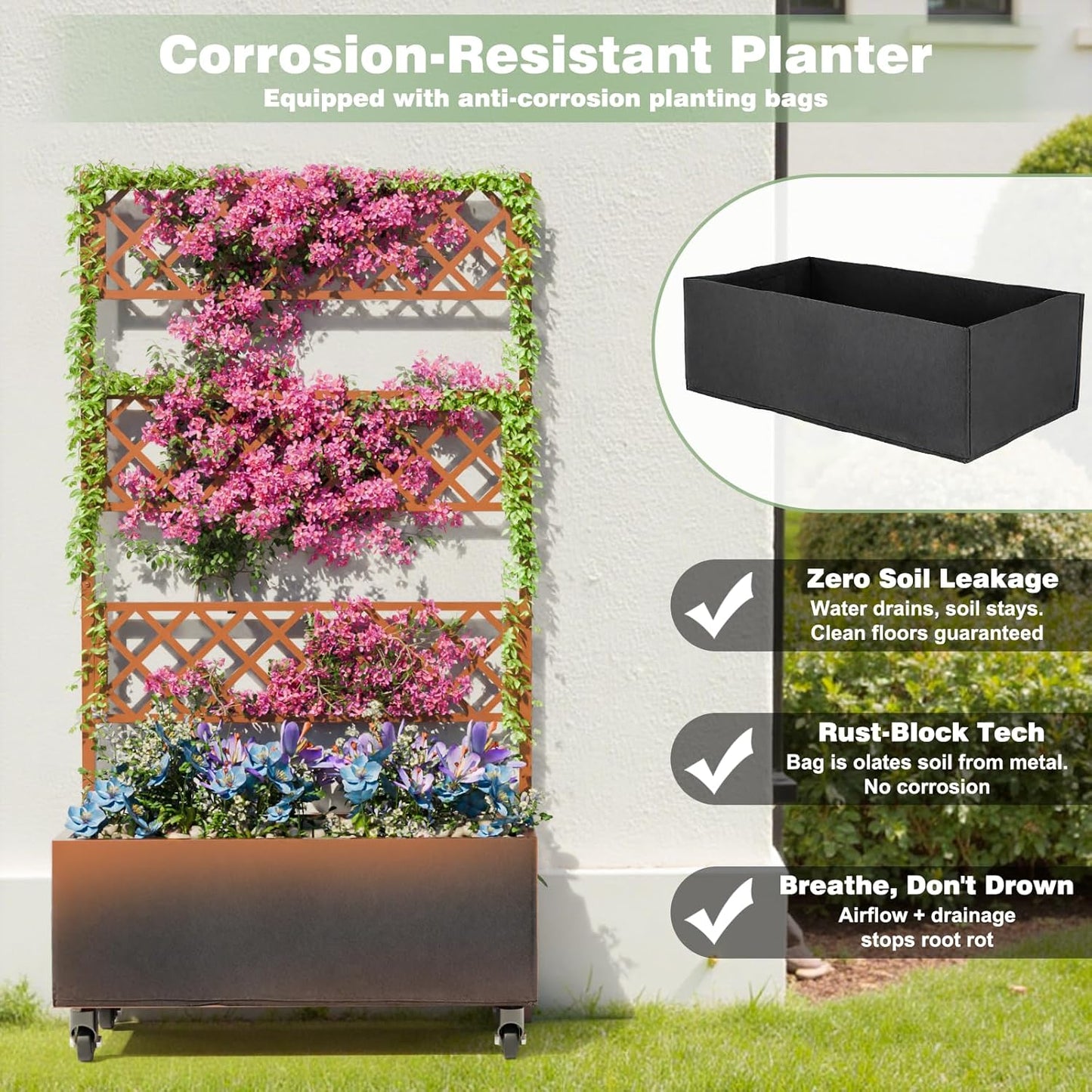 Kinchox Metal Raised Garden Bed with Trellis Outdoor Metal Planter Box with Planting Pockets Garden Box for Climbing Plants Privacy Planters for Patio