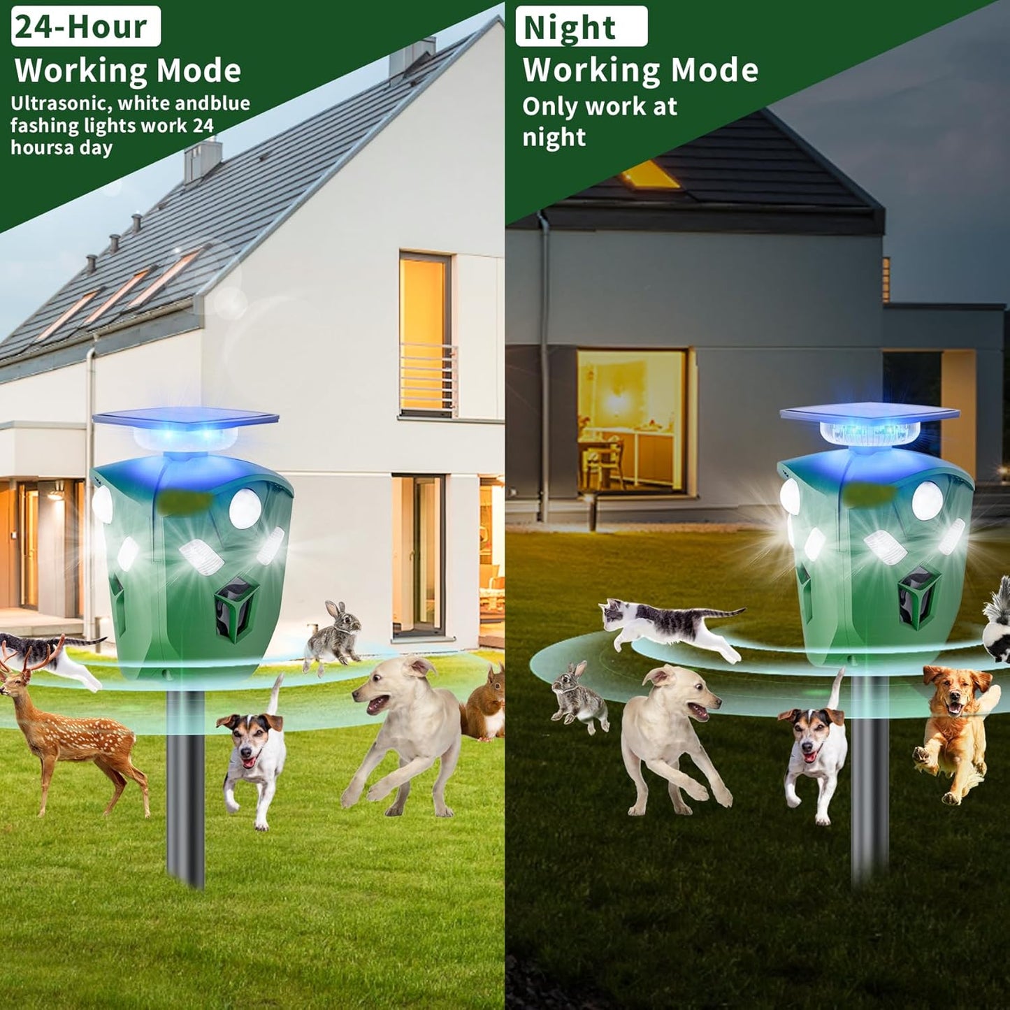 Solar Ultrasonic Animal Repeller Outdoor, 360° All Round Cat Deterrent Outdoor with 6 Flashing Lights and 3 PIR Sensors, Deer Repellent for Repelling Sankes, Raccoons, Cats, Dogs