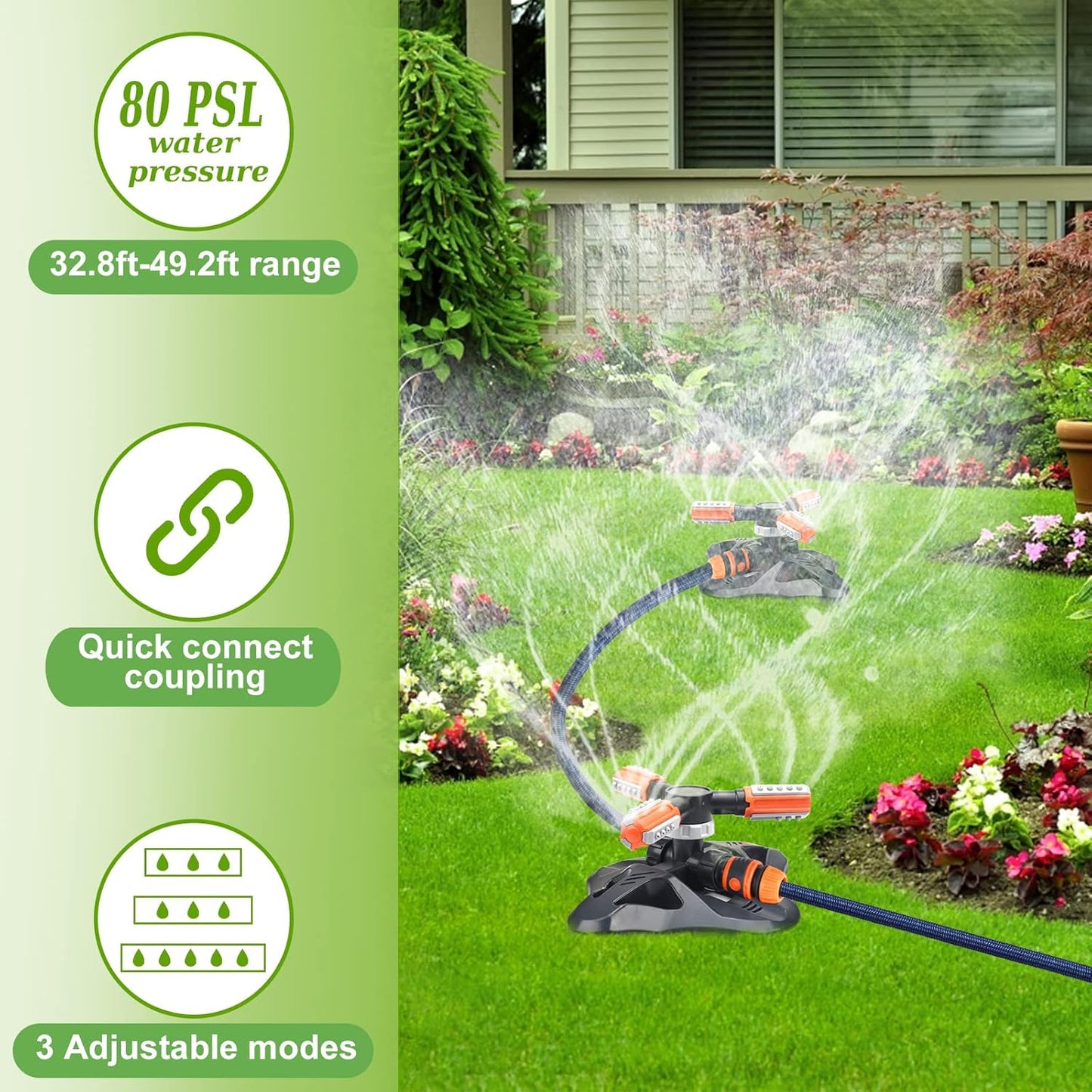 Lawn Sprinkler - Upgraded Automatic 360 Degree Rotating Irrigation System for Garden and Grass - 36 Angle Spray Nozzles - 2 Pack (Orange)