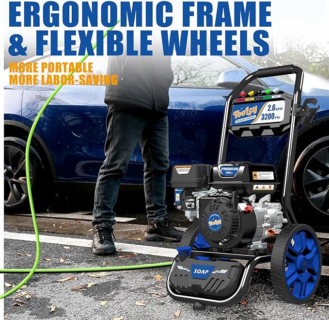 TOOLCY Gas Pressure Washer 3200 PSI & 2.6 GPM, High Performance Engine, Includes Swivel Spray Gun and Wand, 35FT Power Washer Hose, 5 Nozzle Tips, Onboard Soap Tank, for Cars/Driveways/Homes