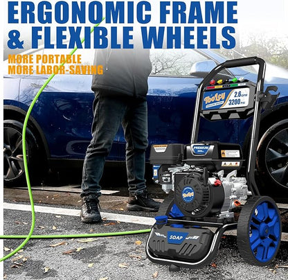 TOOLCY Gas Pressure Washer 3200 PSI & 2.6 GPM, High Performance Engine, Includes Swivel Spray Gun and Wand, 35FT Power Washer Hose, 5 Nozzle Tips, Onboard Soap Tank, for Cars/Driveways/Homes