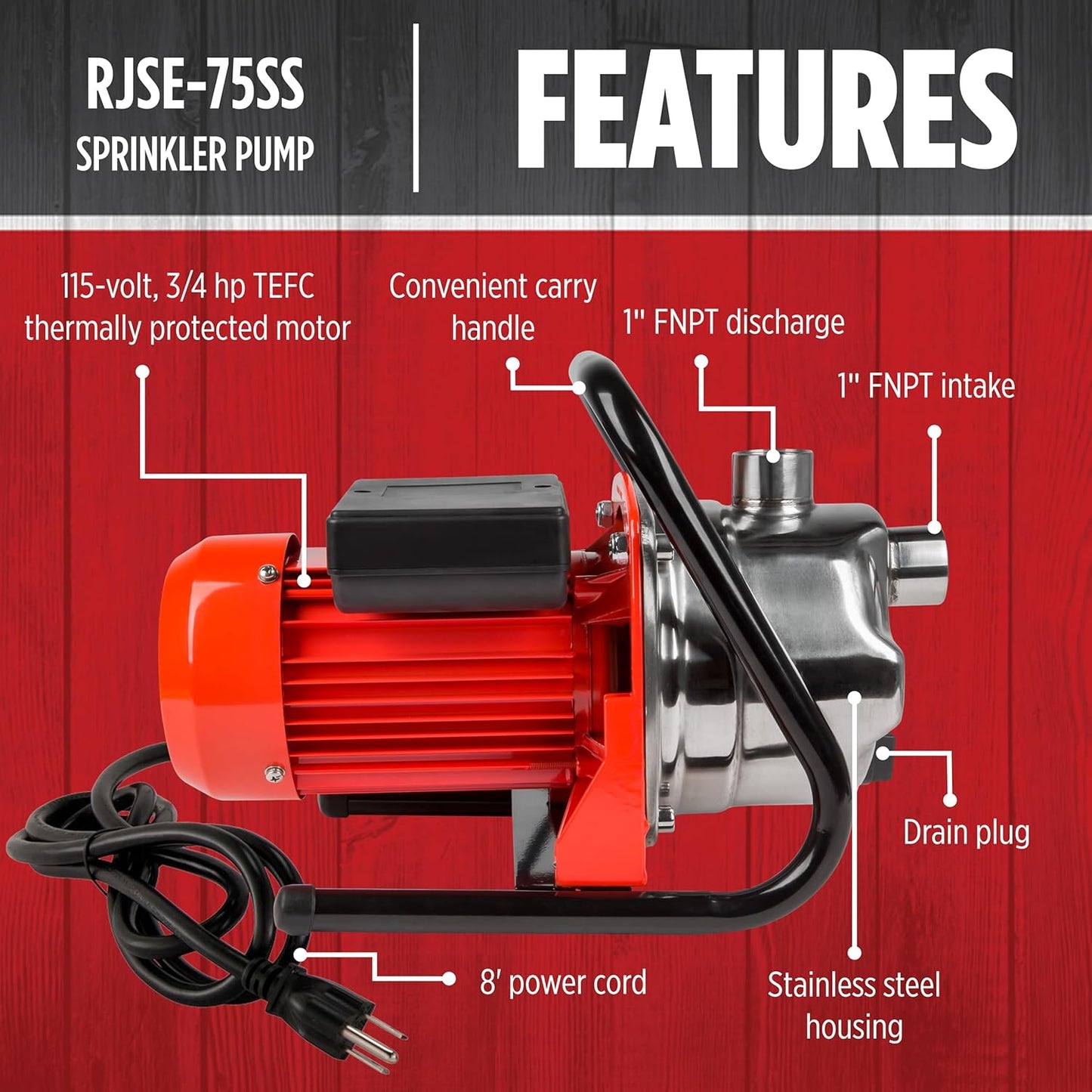 Red Lion RJSE-75SS 115 Volt, 3/4 HP, 11 GPM Stainless Steel Sprinkler Utility Pump with 8-ft. Cord, Red, 614432