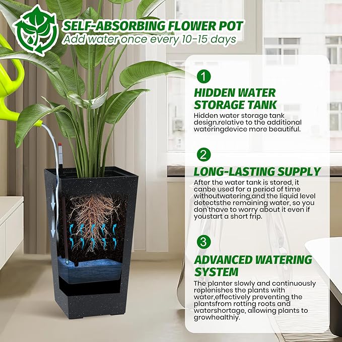 GarveeLife 22.5" Tall Planters Set of 2, Outdoor&Indoor Black Planter Pots, High Front Porch Planter Pots With Drainage Holes&Water Level Monitor&Inner Bucket, Automatic Watering, Black and White Dots