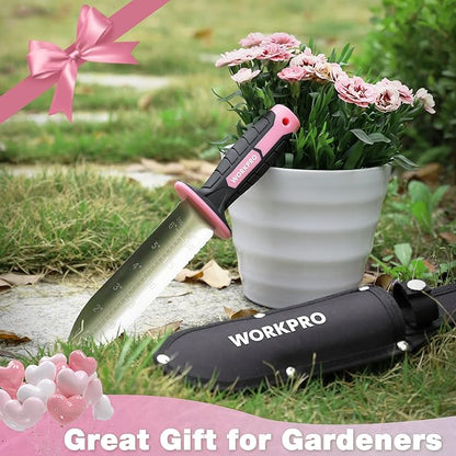 WORKPRO Hori Hori Garden Knife, 7" Stainless Steel Blade with Cutting Edge, Garden Tools with Oxford Sheath, Ergonomic TRP Handle with Hanging Hole for Weeding, Planting, Digging, Pink Ribbon