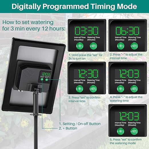 Biling 4W Solar Drip Irrigation System with Digital Programmable Smart Watering, 2200mAh Battery Backup for 15 Potted Plants Outdoor Indoor Garden