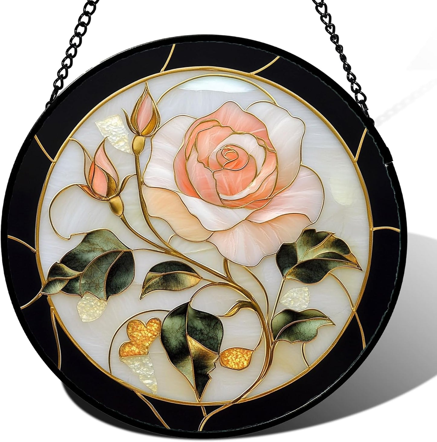 Stained Glass Window Hanging - Black White Pink Rose Sun Catcher for Door Home Decor Flower Suncatcher Christmas Mother's Day Birthday Gifts for Women Men Lovers Mom Nana 9.8 in