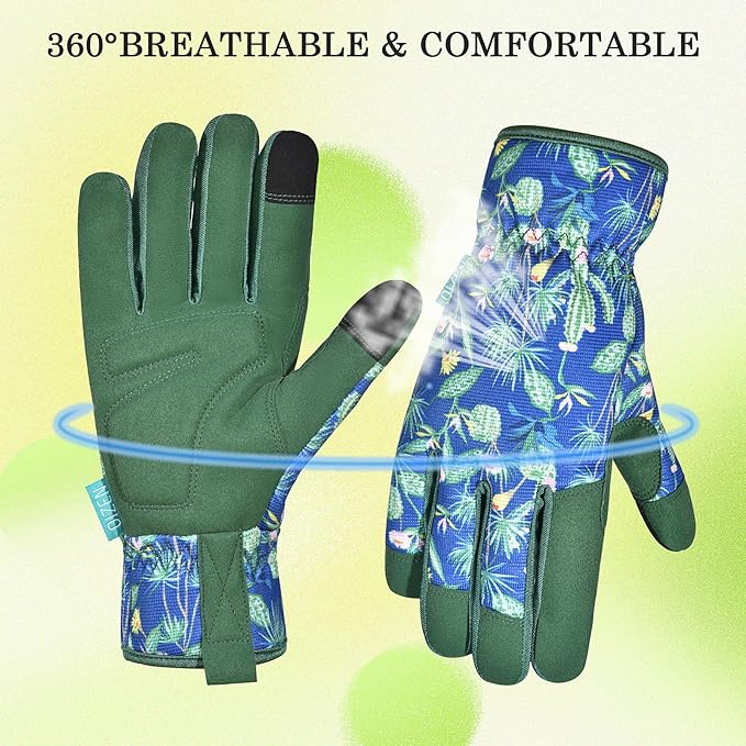 Gardening Gloves for Women and Men, Garden Gloves with Touch Screen, Thorn Proof Puncture Resistant Working Gloves, Gardening Gifts for Women,Blue-green flowers M
