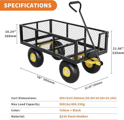 Metal Wagon - 900lbs Garden Cart with 10" Multi-Terrain Tires, 4 Removable Mesh Sides & 180° Swivel Handle, Yard Wagon Cart for Lawn, Yard, Patio Gardening