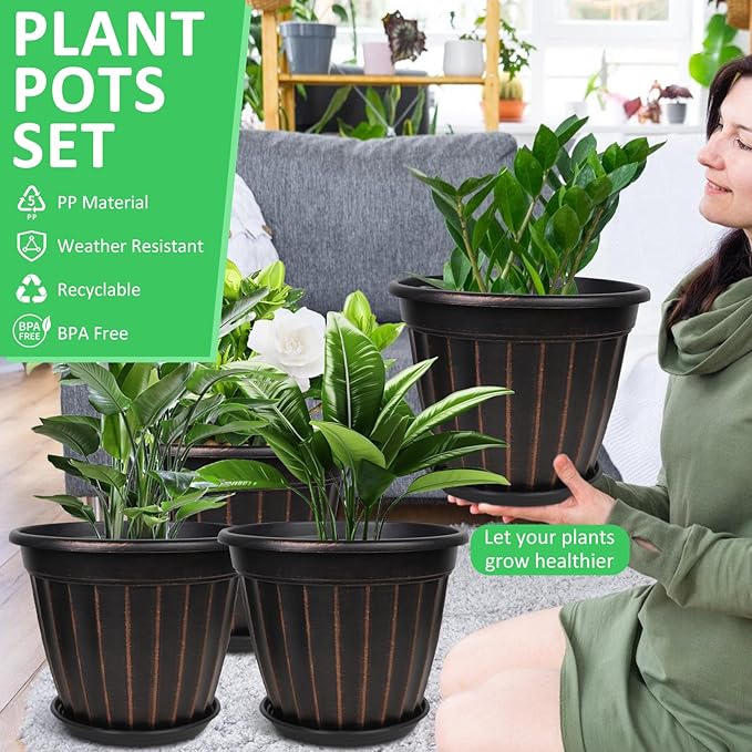 FGstyle 12 Inch Pots for Plants,4 Pack Tall Planters,Large Flower Pots with Drainage Hole & Saucer,Decorative Outdoor Planter for Planting Medium Large Plants(Black