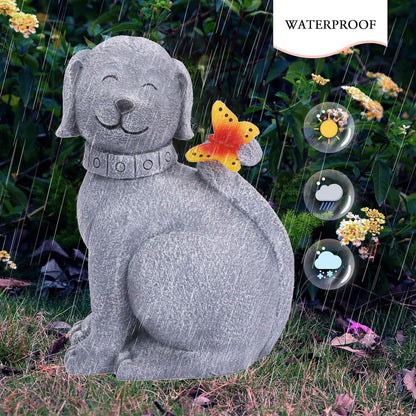 Solar Garden Statue Dog Figurine- Garden Art with Butterfly Light, Art Dog Sculpture for Patio,Balcony,Yard, Lawn-Unique Housewarming Gift for Mom Grandma
