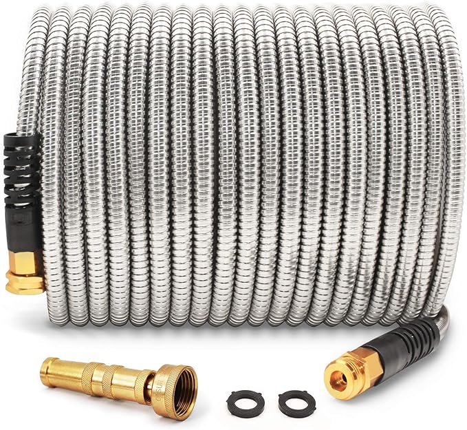 Cesun Metal Water Hose 50 ft, Outdoor Heavy Duty Garden Hose, Flexible, No Kink and Lightweight Stainless Steel Garden Hose for RV, Outdoor, Yard, Lawn, 50 foot x 5/8", Female to Male