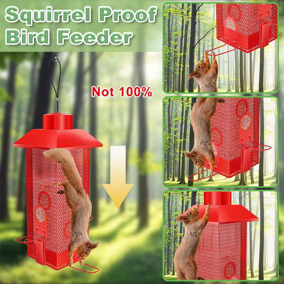 Squirrel Proof Bird Feeder, 2.5LB Metal Wild Bird Feeder with Weight-Activated Spring, Heavy-Duty Outdoor Hanging Birdfeeders for Cardinals, Blue Jays, Finches (Red)