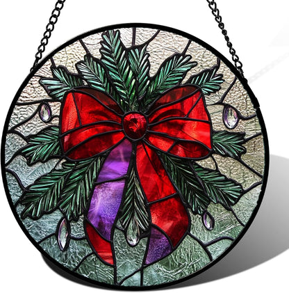 Stained Glass Window Hanging - Purple Gem Christmas Wreath Suncatcher for Doors Home Christmas Decoration Winter Sun Catcher Thanksgiving New Year Birthday Gifts for Women Men Mom Nana 15 in