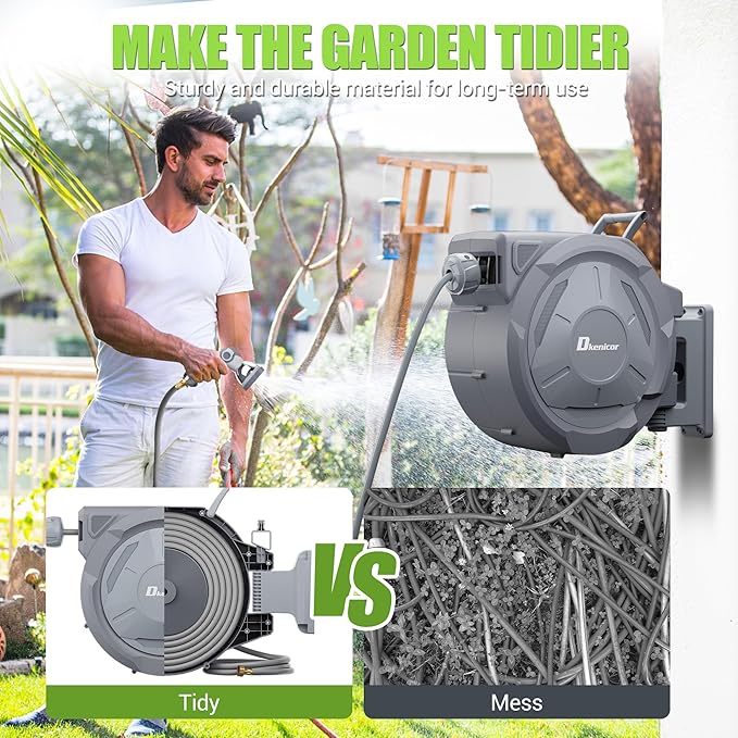1/2" x 150 ft Retractable Hose Reel, Heavy Duty Retractable Garden Hose Reel Wall Mounted with 10-Pattern Hose Nozzle/Any Length Lock/Slow Return System/180°Swivel Bracket