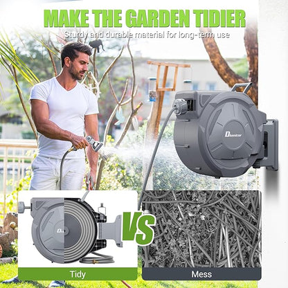 1/2" x 150 ft Retractable Hose Reel, Heavy Duty Retractable Garden Hose Reel Wall Mounted with 10-Pattern Hose Nozzle/Any Length Lock/Slow Return System/180°Swivel Bracket