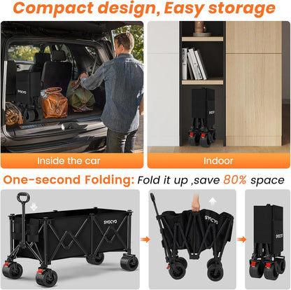 Collapsible Wagon Carts 570LBS Weight Capacity Foldable Beach Wagon with Big All-Terrain Wheels 330L Heavy Duty Utility Carts with Cup Holders for Camping, Garden, Sports, Grocery Black