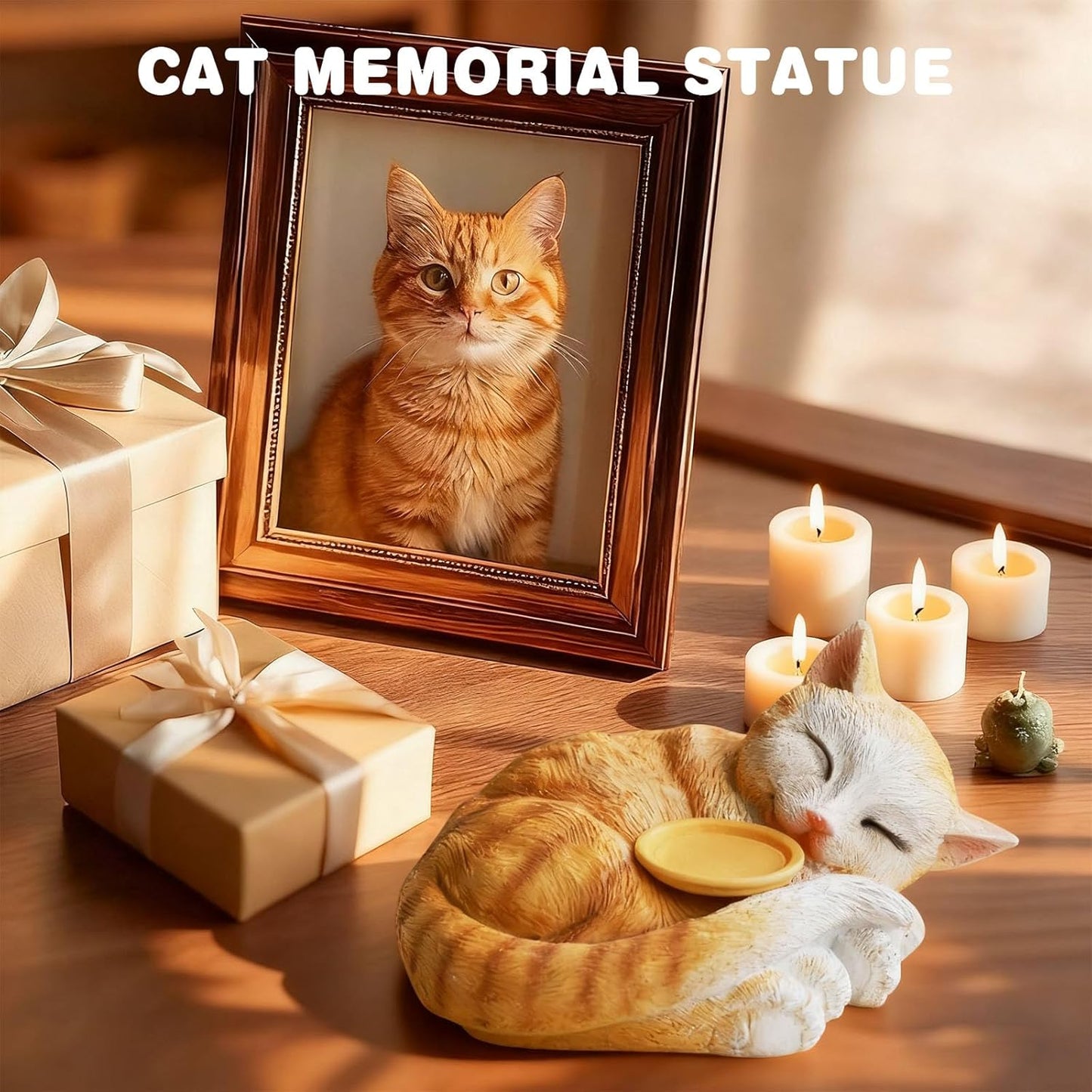 Sleeping Cat Candle Holder Statue Realistic Resin Cat Figurine with Candle Tray Outdoor Garden Decor for Patio Yard or Indoor Use for Cat Lovers Women and Memorials Orange
