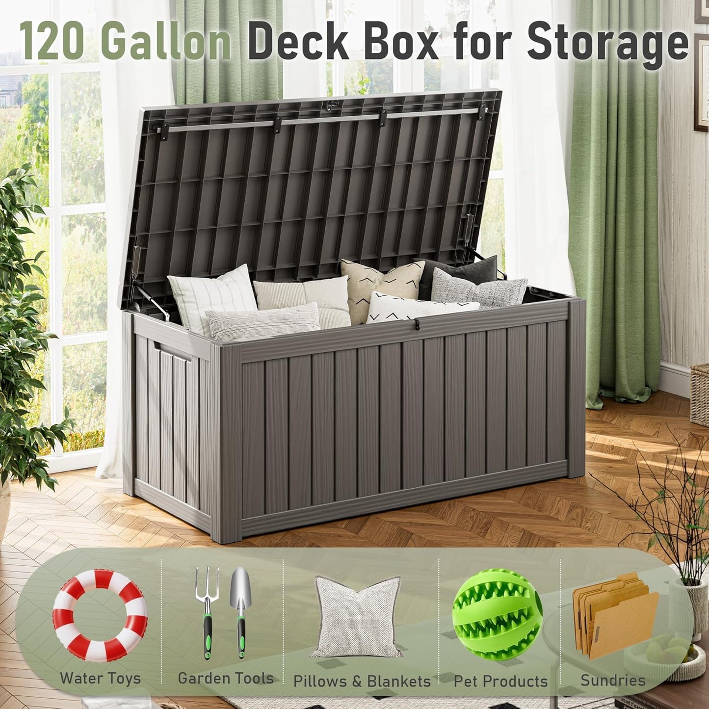 Outdoor Storage Box, Resin Deck Boxes Indoor and outdoor, Waterproof Storage Box Lockable Lid (Grey, 120 Gallon)