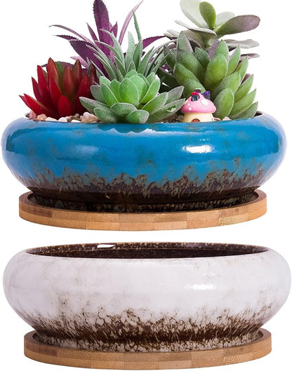 ARTKETTY Succulent Pots - Large Succulent Planters with Drainage, 7.3 Inch Ceramic Bonsai Pots with Bamboo Tray Set of 2, Shallow Cactus Flower Planter Bowl for Indoor