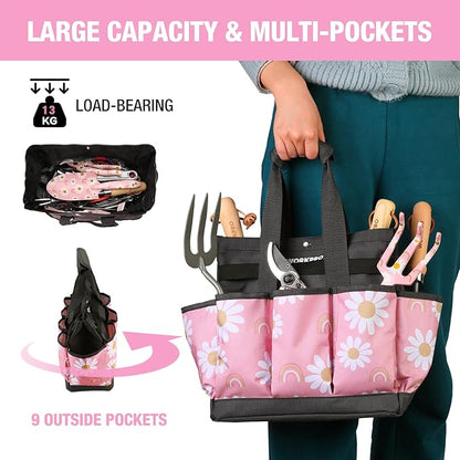 WORKPRO Garden Tool Bag, 9 Pockets Gardening Bag, Heavy Duty Oxford Garden Tote Caddy (Tools NOT Included), 12" x 12" x 6"-Pink Ribbon