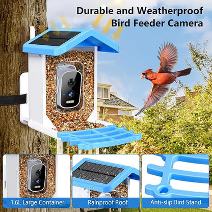 Smart Bird Feeder with Camera, AI Bird Species Identification Solar Powered Panel, 2.5k HD Video Bird House with Camera for Outside Garden, Ideal Gifts for Lover, Blue