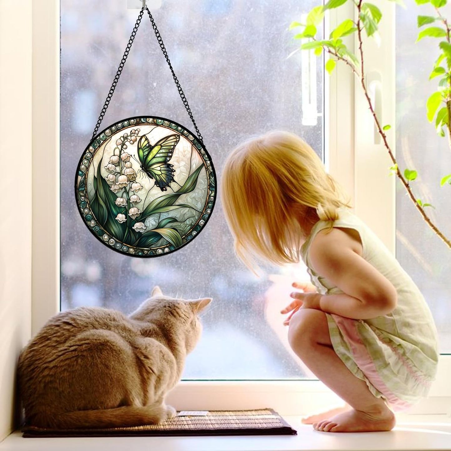 Stained Glass Window Hanging, Lily of The Valley Flower Butterfly Suncatcher for Doors Home Sun Catchers Decoration and Christmas, Mother's Day Birthday Gifts for Women, Men, Mom 6.3 in