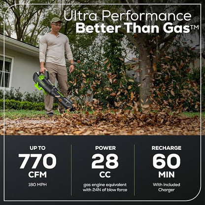 Greenworks 80V (770 CFM/190 MPH) Brushless Cordless Leaf Blower, Commercial-Grade Powerf for Autumn Leaf Composting, Spring Pollen Cleanup and Post-Snow Debris, Includes 4.0Ah Battery & Rapid Charger