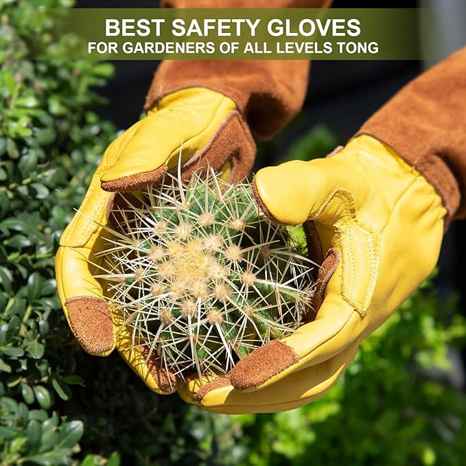 Long Gardening Gloves for Women Thorn Proof,Rose Pruning Cowhide Leather Garden Gloves for Cactus, Rose and Blackberry