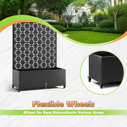 Metal Raised Garden Bed with Trellis, 2-in-1 Planter Box & Privacy Screen for Climbing Plants, Outdoor Standing Flower Bed with Drainage Holes, 35.4" L x 15.7" W x 70.1" H, Black-Square