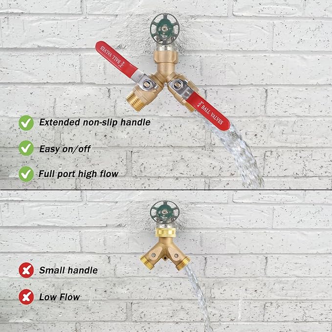 Garden Hose Splitter Full Flow, Brass Hose Splitter 2 Way Heavy Duty, Garden Hose Y Valve Hose Splitter with Shut off Valve, Outdoor Faucet Splitter Hose Connector, 3/4" GHT Threads