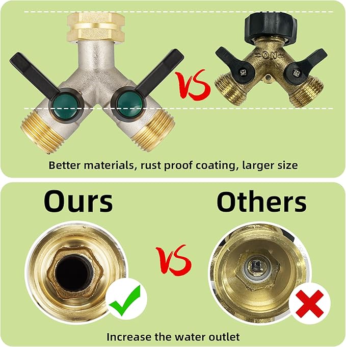 Hose Splitter 2 Way Heavy Duty, Brass Garden Hose Splitter, Faucet 2 Way hose connector, long handle 2 Way Splitter, Outdoor Faucet Splitters, Y Valve 3/4" GHT Thread.