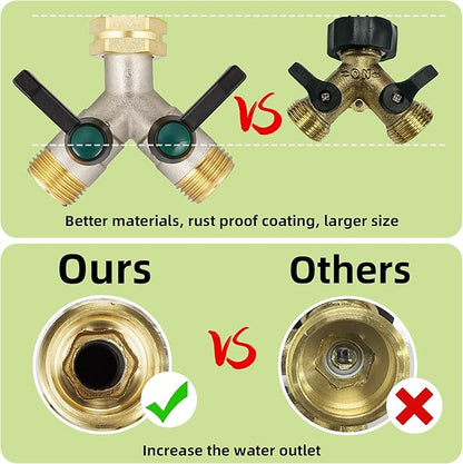 Hose Splitter 2 Way Heavy Duty, Brass Garden Hose Splitter, Faucet 2 Way hose connector, long handle 2 Way Splitter, Outdoor Faucet Splitters, Y Valve 3/4" GHT Thread.