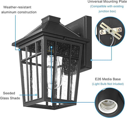 Darkaway Outdoor Sconce Lights Wall Light Fixtures, Front Porch Light Outdoor Wall Anti-Rust Waterproof Aluminum with Glass Exterior Light Fixture for Patio, Yard, Doorway, Garage(1 Pack, Black)