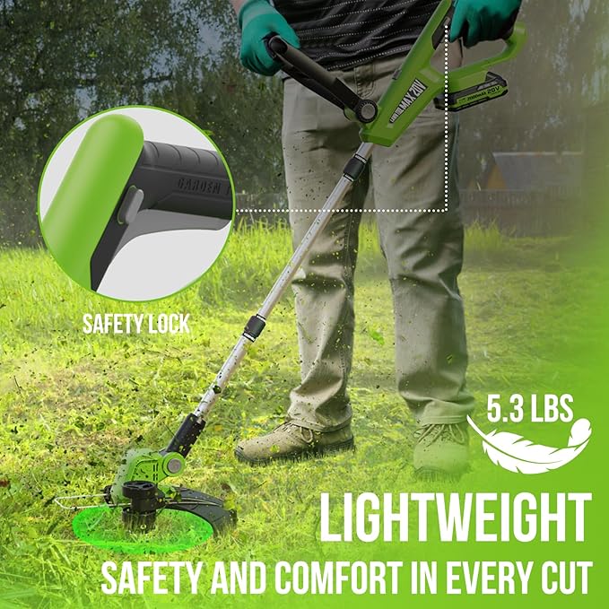 VARSK 20V String Trimmer Cordless, 12 Inch 2 in 1 Trimmer and Edger, Automatic Line Feed, Includes 2 X 2.0Ah Batteries/1 X Fast Charger/6 X Spare Spools, for Lawn, Garden, etc, Light Green