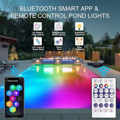 RGB Underwater Pond Lights, Super Bright 18 LED Submersible Fountain Lights Color Changing Spotlights, Bluetooth APP Control IP68 Waterproof for Fish Aquarium Tank Garden Yard Pool(Set of 12)