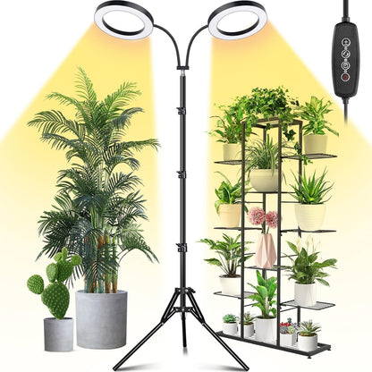 LORDEM Grow Light for Indoor Plants, 7.9" Diameter Dual-Head Plant Light for Plants Growing, Full Spectrum Growth Lamp with Auto Timer 3/6/12H, 4 Dimmable Levels, 3 Lighting Modes, Adjustable Stand