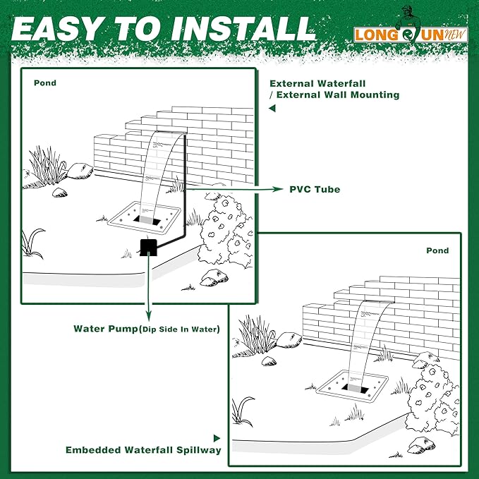 Waterfall Spillway, Stainless Steel Pool Fountain w/Top Open Lip & Pipe Connector Kits for Outdoor/Indoor Decorative, 23.6'' Pool Water Feature for Garden Patio, Backyard Koi Pond Decor