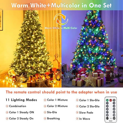 Warm White to Multicolor Color Changing 200 LED 66FT Connectable Christmas String Lights for Outdoor Indoor, 11 Modes Christmas Tree Clear Wire Fairy Waterproof Lights with Memory & Remote & Timer