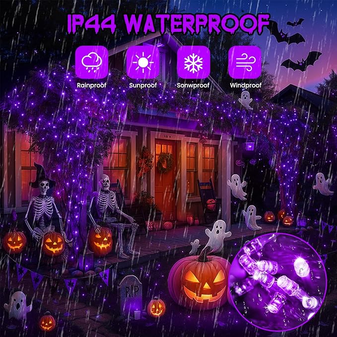 Upgraded Connectable 200 LED Halloween String Lights Outdoor Indoor, 66FT Purple Halloween Decorations Lights 13 Modes, Waterproof Twinkle Fairy Lights Plug in Clear Wire for Tree, Bedroom Decoration