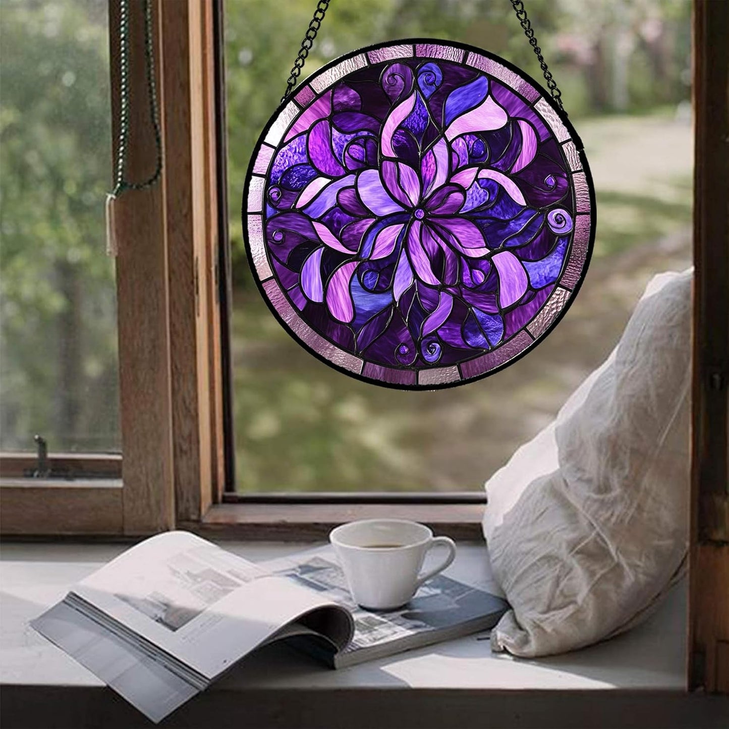 Stained Glass Window Hanging - Purple Abstract Flower Suncatcher for Door Garden Patio Sun Catchers Decor Christmas Mother's Day Birthday Gifts for Women Men Mom Nana Aunt Friend 7.8 in