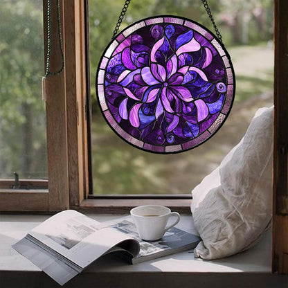 Stained Glass Window Hanging - Purple Abstract Flower Suncatcher for Door Garden Patio Sun Catchers Decor Christmas Mother's Day Birthday Gifts for Women Men Mom Nana Aunt Friend 6.3 in
