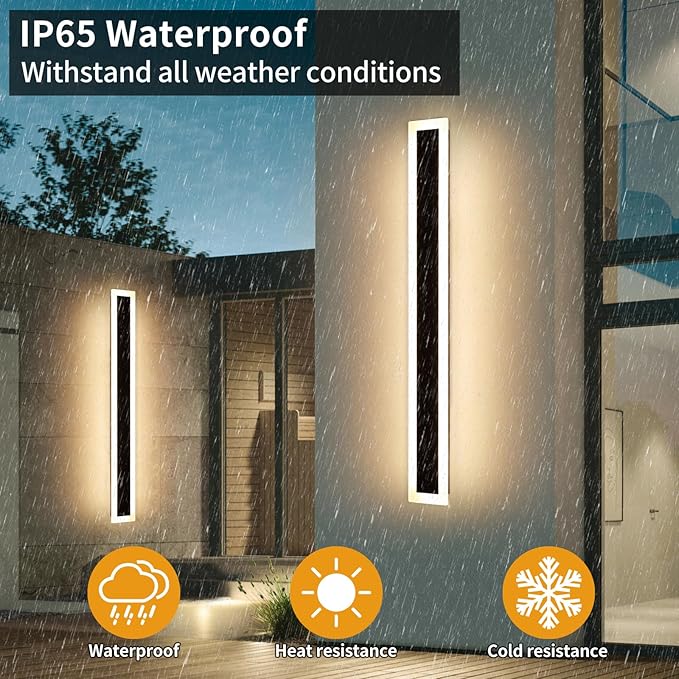Upgrade Widened 2 Pack Long Outdoor Modern LED Wall Light, 47.2inch Large Black Wall Sconce, 3 Color 3000K/4500K/6000K, IP65 Waterproof, 41W, Exterior Lighting Fixture for House, Fence, Yard, Patio