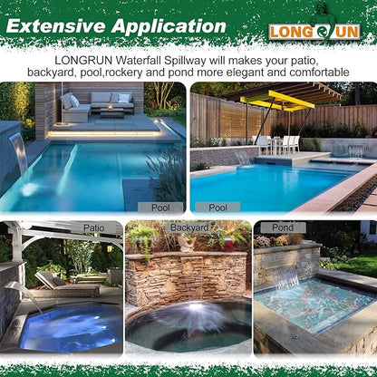 LONGRUN Waterfall Spillway Multi-Color LED Light Outdoor Pool Fountain, Acrylic Water Spillway Koi Pond Waterfalls Fountains Kit for Garden Koi Ponds Patio Swimming Pool Decoration-23.6"